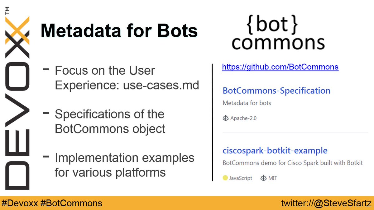 SteveSfartz's tweet photo. #BotCommons v0.1: "Metadata for Bots" are live https://t.co/Y18nPrSu72
Check the #devoox slides https://t.co/pjAHDg8Gjq https://t.co/udXbaERgbE