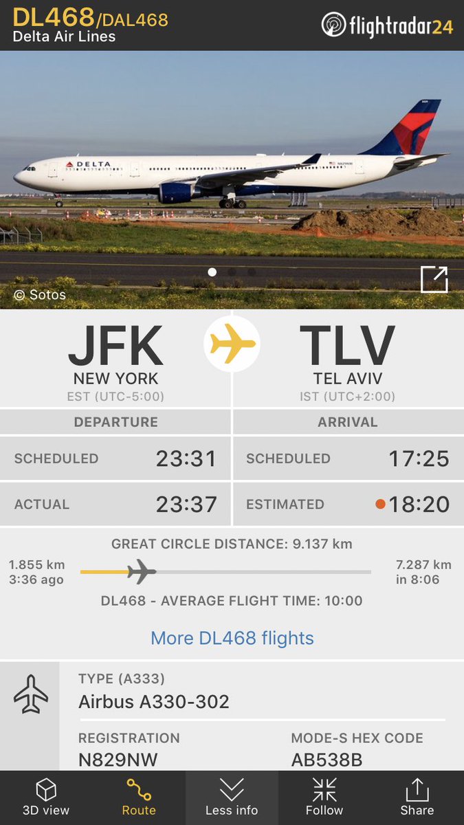 FlightIntl's tweet photo. Delta flight #DL468 from New York (JFK) to Tel Aviv is diverting to St. John‘s (YYT) https://t.co/ajooCc7Pvd https://t.co/LwpFjP2EMw