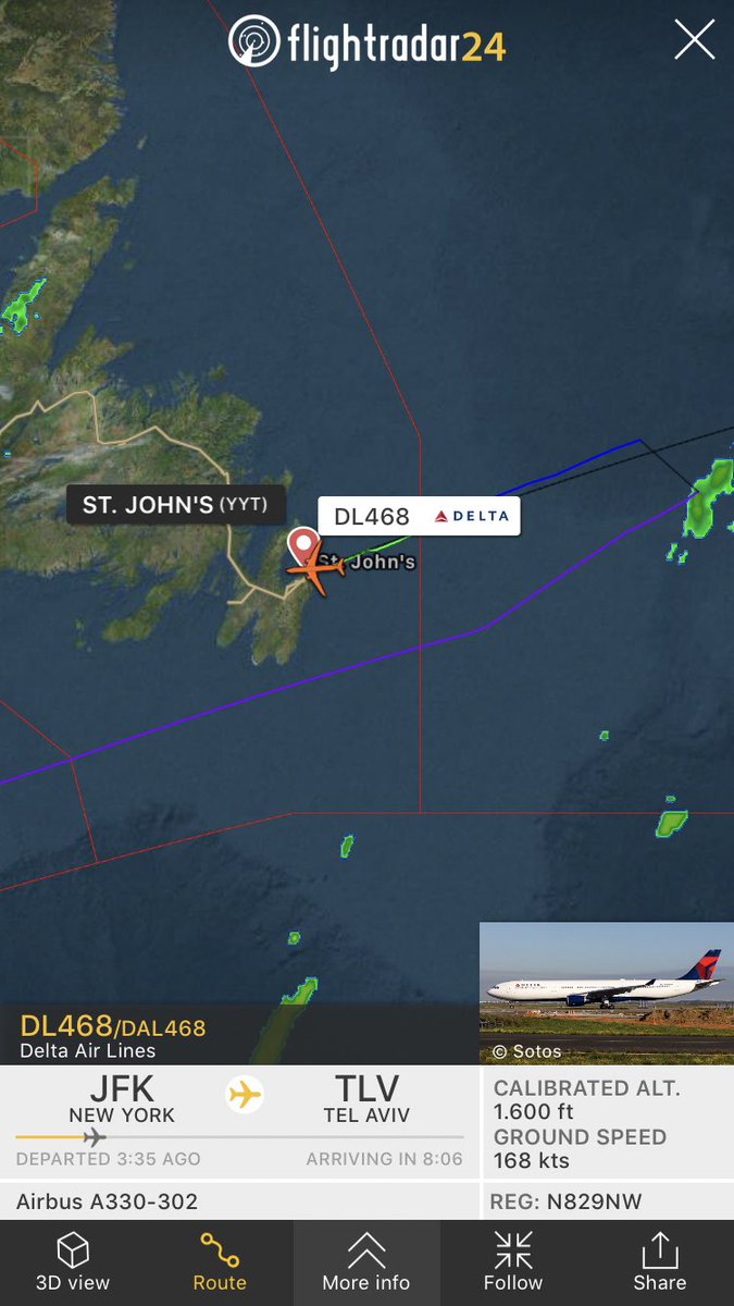 FlightIntl's tweet photo. Delta flight #DL468 from New York (JFK) to Tel Aviv is diverting to St. John‘s (YYT) https://t.co/ajooCc7Pvd https://t.co/LwpFjP2EMw