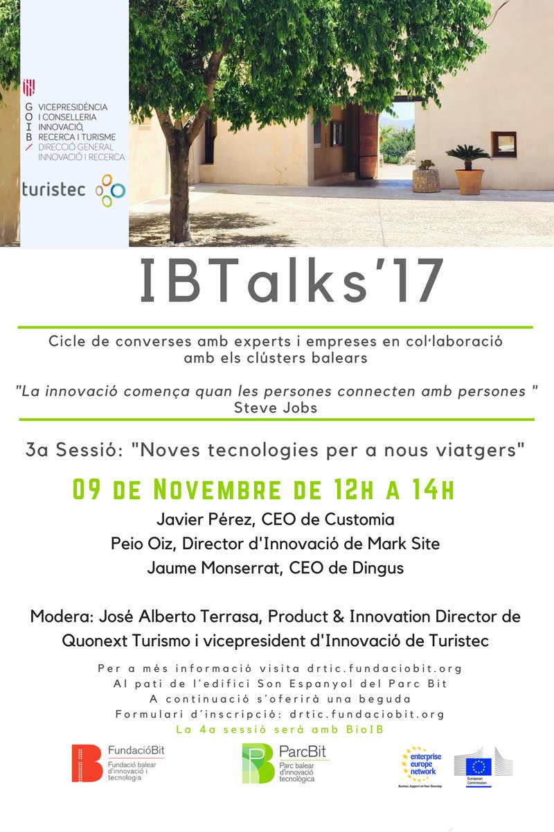 DivulgantTIC's tweet photo. Aquest dijous a les 12h teniu una cita sota l'ombra del lledoner al pati de Son Espanyol del ParcBIT #IBTalks17 amb @turistec : Noves tecnologies per a nous viatgers Consulta el programa https://t.co/FmrJN43Hox #15anysParcbit #innovació #startups #smartislands https://t.co/Fu8xATwDuC