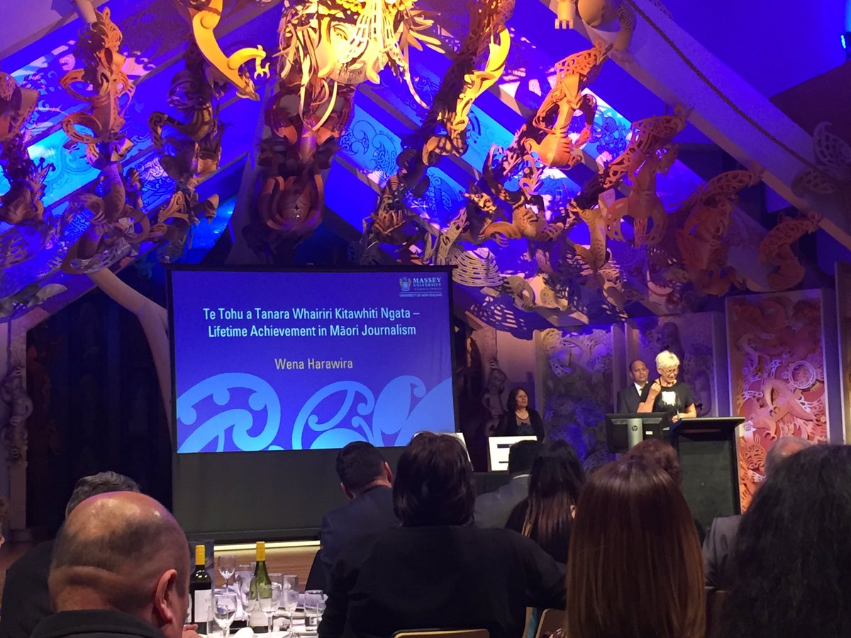 HuiaPublishers's tweet photo. Behind every great Māori women is the man who has to announce she is the winner! Wena Harawira wins the Māori journalism lifetime award at Ngā Kupu Ora Awards #MasseyUni https://t.co/AJLq6h5Xvc