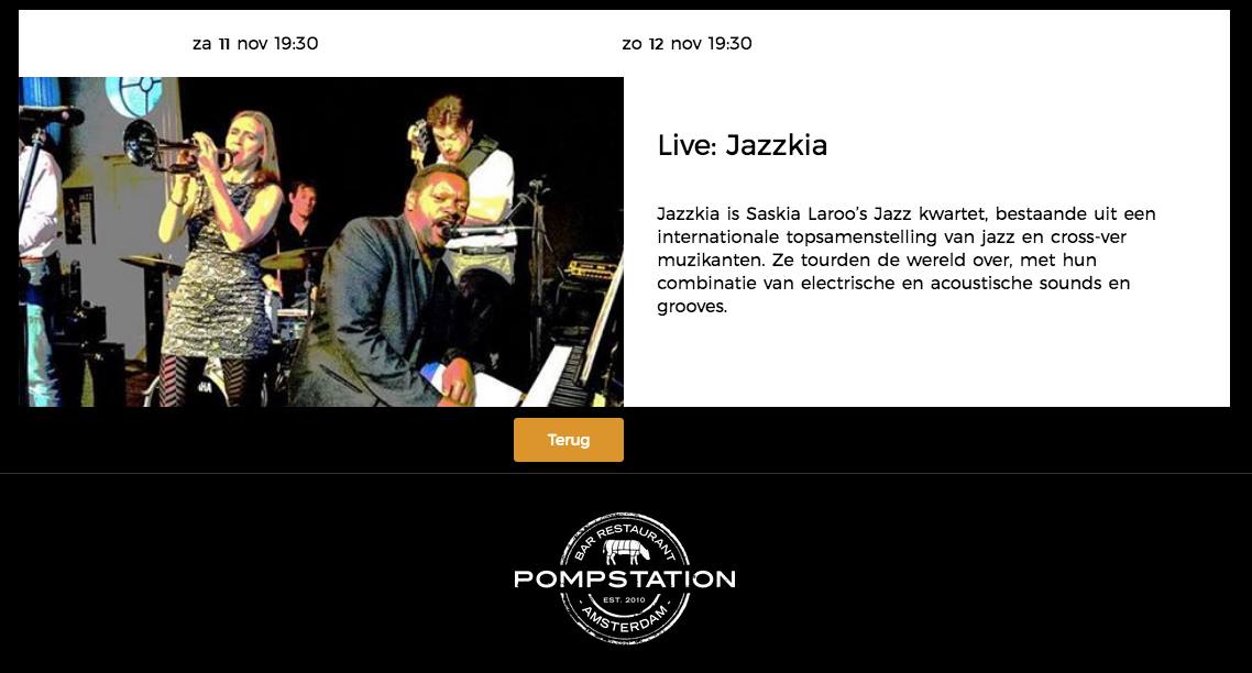 saskialaroo's tweet photo. JAZZKIA (Saskia Laroo Jazz Quartet)
Het #Pompstation, Zeeburgerdijk 52, Amsterdam, the Netherlands
Zat, Nov 11 @ 8:00 PM https://t.co/cLOnkeHULQ