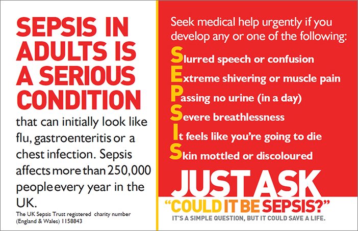 With our #280characters we can now tell you how to spot sepsis:

Slurred speech or confusion
Extreme shivering or muscle pain
Passing no urine (in a day)
Severe breathlessness
It feels like you’re going to die
Skin mottled or discoloured

Remember, "Just ask: could it be SEPSIS?"
