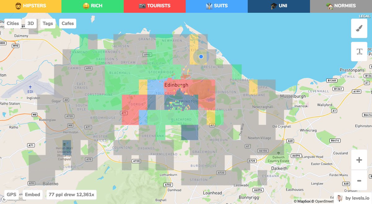 structuretoday's tweet photo. #Hoodmaps made my visit to #Edinburgh a more productive research visit. Dodged walking a few. Apparently living in a "Hipster area". 🤔 Thanks @levelsio! #crowdsourcing #livecoding #neighborhood https://t.co/43amBrX4iJ
