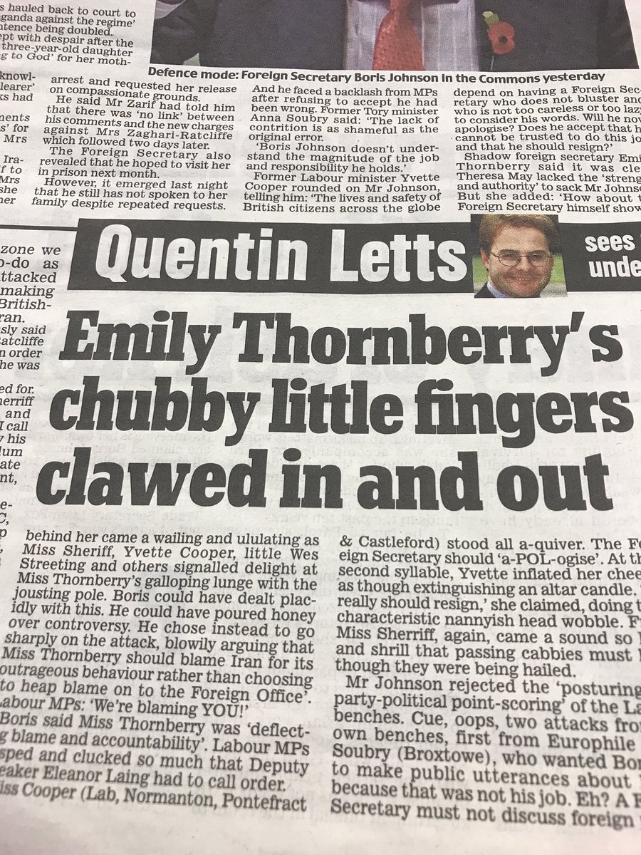 mrjamesob's tweet photo. Headlines traditionally convey the most salient/powerful point made by the writer. Here’s Quentin Letts on Parliament’s response to a Foreign Secretary recklessly endangering a British citizen. https://t.co/WJHyMFUPdn