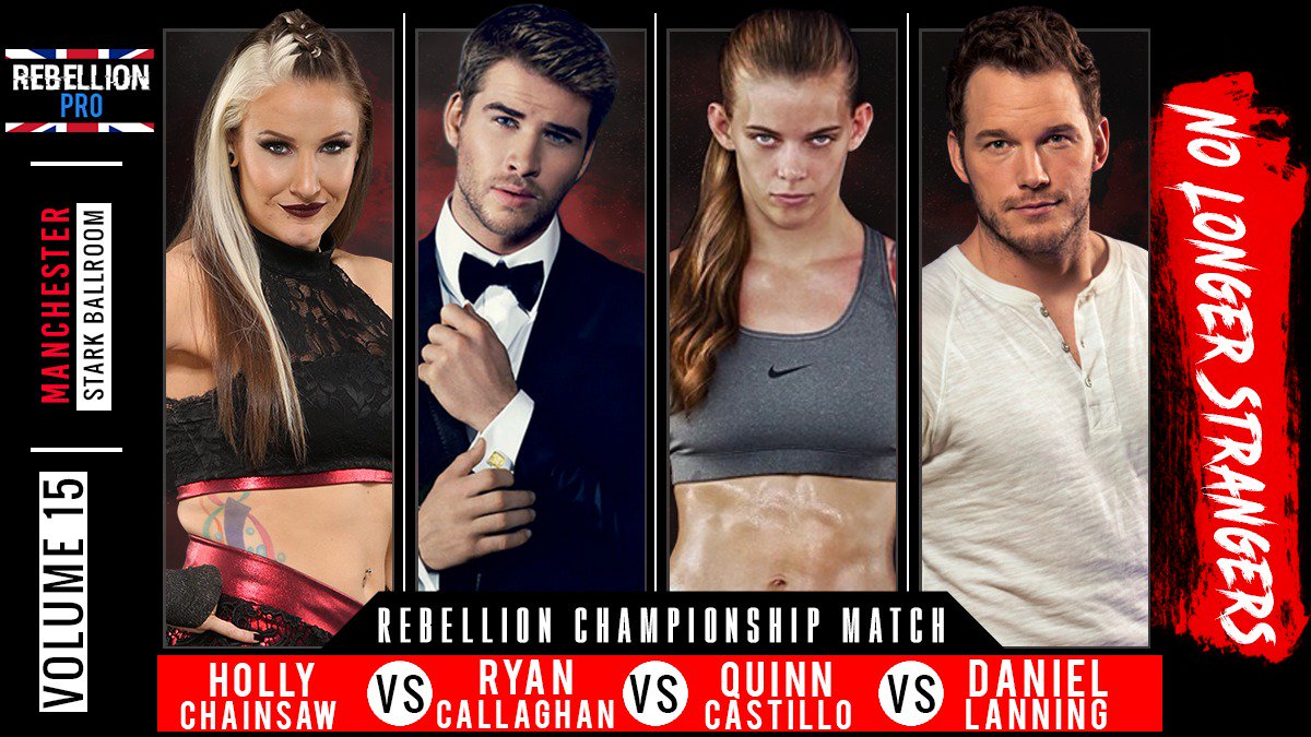 REBELLIONProUK's tweet photo. A fatal four way match for the REBELLION Championship! The reigning, defending champion Holly Chainsaw takes on familiar opponents with Quinn Castillo and Ryan Callaghan with an ace up her sleeve with Daniel Lanning! Will Ryan or Quinn overcome the odds? https://t.co/6Lfyhgkc3n