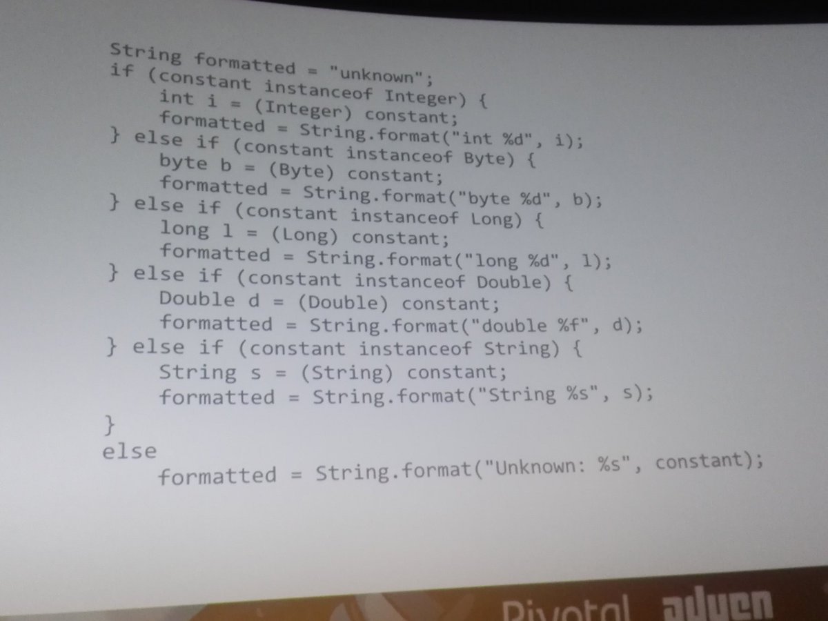 mariofusco's tweet photo. From if/else/if sequence (verbose, slow and error prone) to switch on classes to proper pattern matching #MovingJavaForward #Devoxx https://t.co/Ihc9fy6DFV