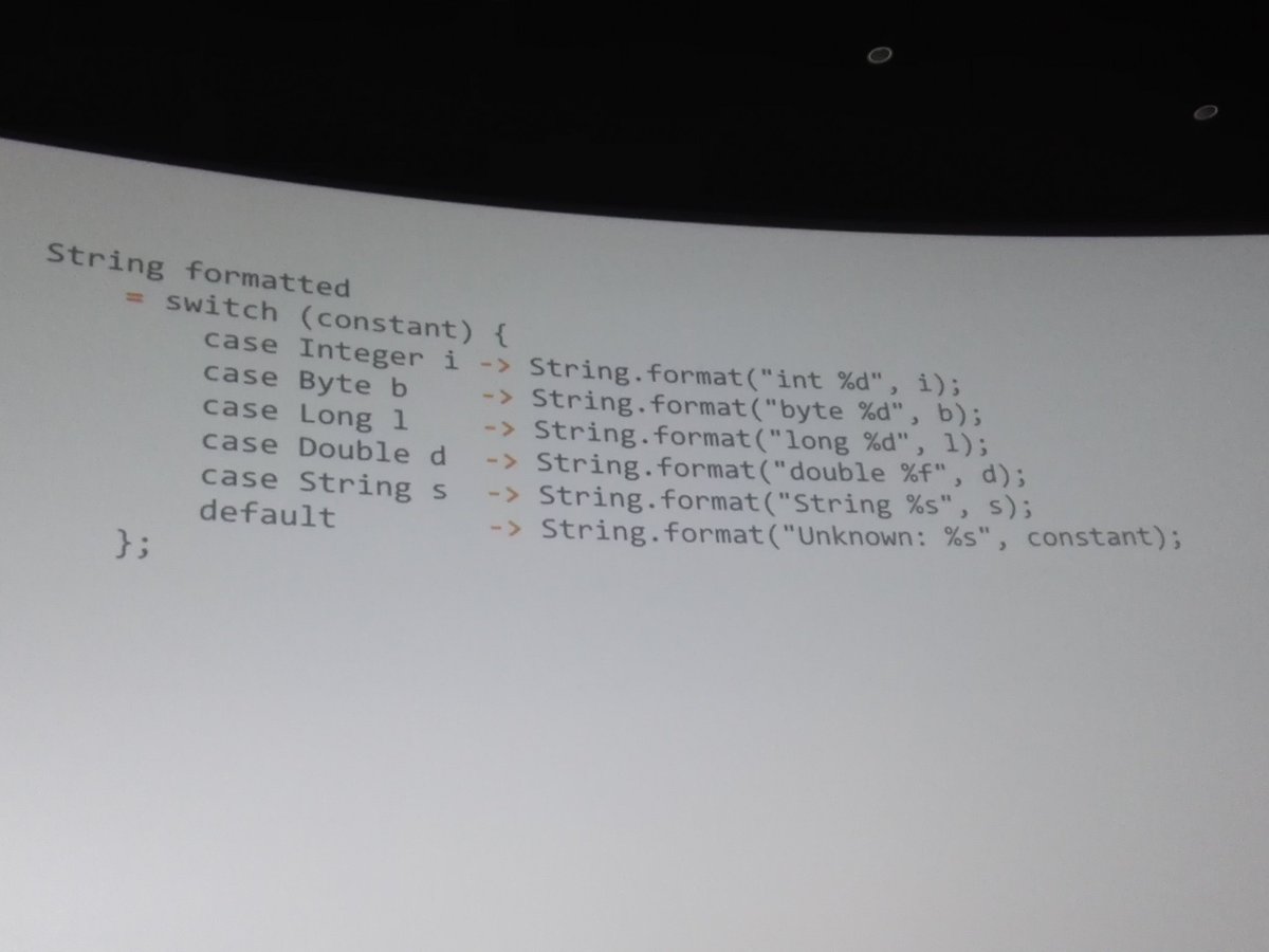 mariofusco's tweet photo. From if/else/if sequence (verbose, slow and error prone) to switch on classes to proper pattern matching #MovingJavaForward #Devoxx https://t.co/Ihc9fy6DFV