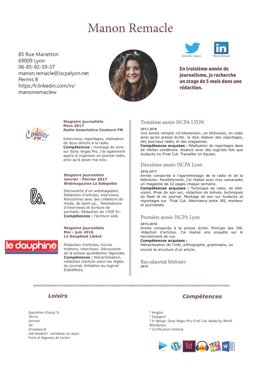 remacle_manon's tweet photo. J'espère vous avoir convaincu ! Pour plus de précisions, voici mon CV ! #stage #journalisme #5mois @Lecourrieraus https://t.co/Q8YrTbzo2I