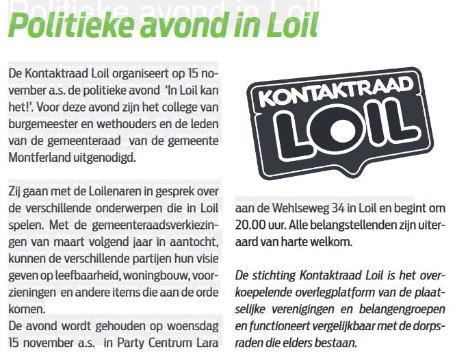 Loil_nl's tweet photo. Vandaag op de Gemeente pagina week 45van het Montferland Nieuws aandacht voor de Politieke avond van volgende week woensdag in Loil. https://t.co/spHAZvUY1f https://t.co/vdj0LlbJjC
