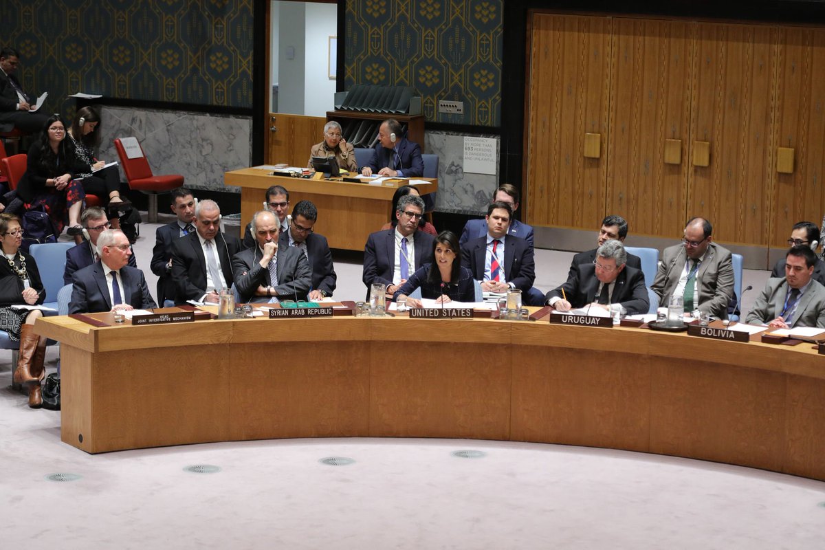 Markarm69553784's tweet photo. Amb. Haley: ‘There can now be no higher priority for the #UNSC than to renew the Joint Investigative Mechanism. Anyone who prevents us from achieving this goal is aiding and abetting those who have been using chemical weapons in #Syria.’ https://t.co/v97BJKdrrW