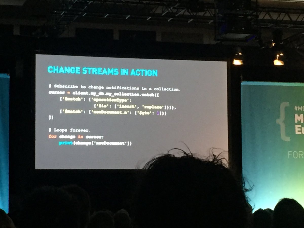 BDultinger's tweet photo. #changestreams built into #MongoDB 3.6 #simple #code to take all ur #apps #realtime quickly #Analytics #BI #Python #MDBE17 https://t.co/9NjOXpkJWe