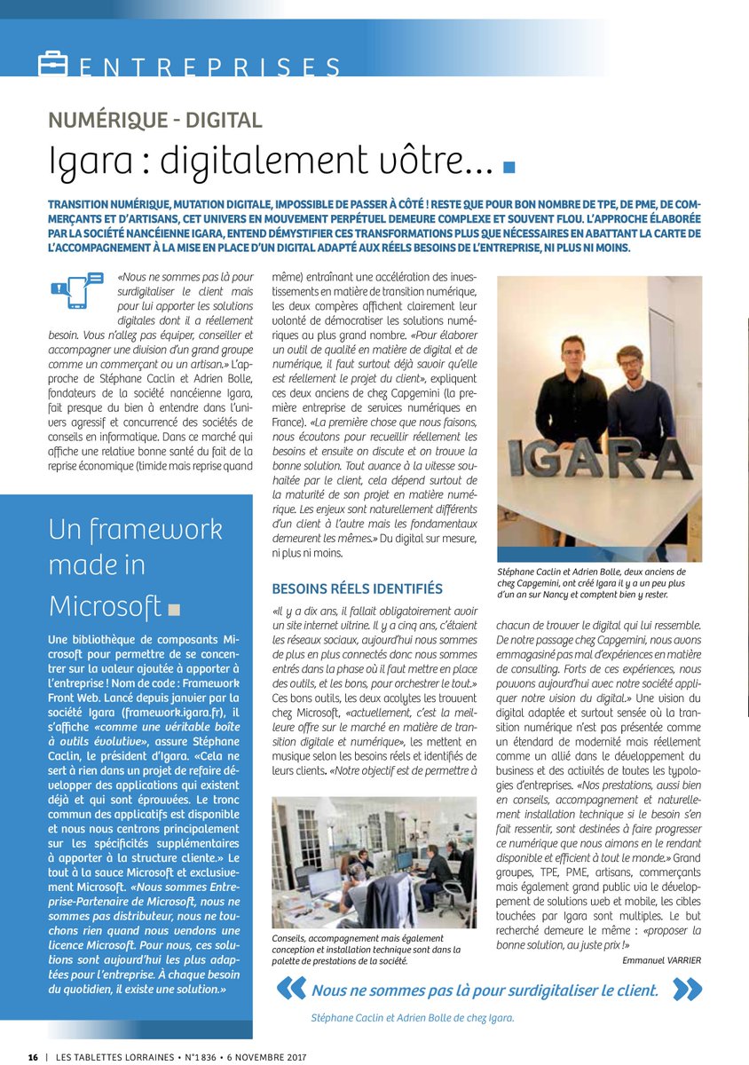 igarafrance's tweet photo. Cette semaine, IGARA a l’honneur de paraître dans l’hebdomadaire @TablettesLorrN, pour vous parler de leur vision de la transformation digitale et de leur solution face à ce nouvel enjeu.
Nous vous invitons à lire et à partager cet article. #Digital #Nancy #Transformonsnous https://t.co/T3YqDb2hDM
