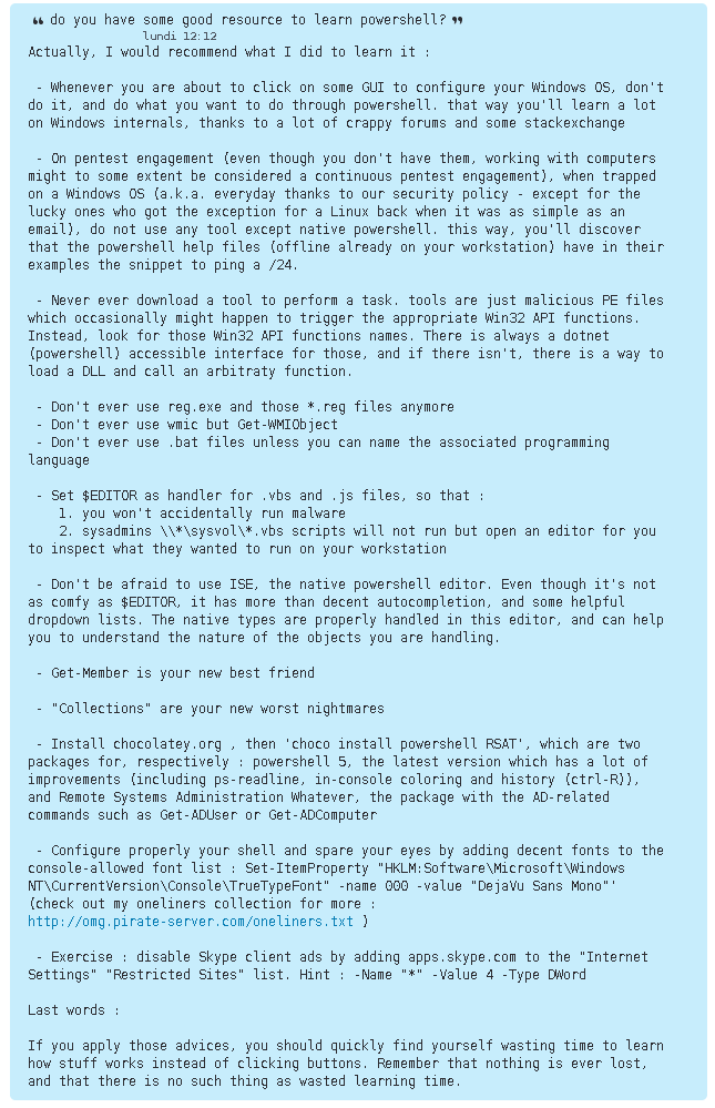 CP437_DFIR's tweet photo. How could you learn #PowerShell ? a friendly piece of advice. https://t.co/h0xgDLSU0f