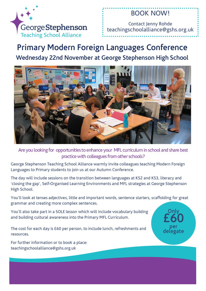 GStephensonTSA's tweet photo. Join us on 22/11 at our #Primary #ModernForeignLanguages conference at @GSHS_School - jrohde@gshs.org.uk to book #MFL #CPD #PrimaryTeachers https://t.co/8KbaxmErQg