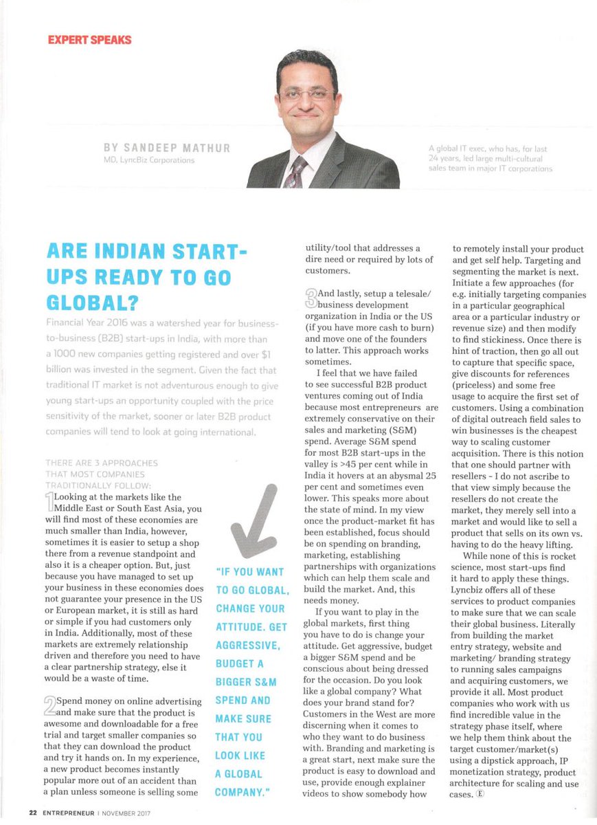 Lyncbiz's tweet photo. Coverage in Entrepreneur Magazine - "Are Indian start-ups ready to go global?" by our MD, Mr. Sandeep Mathur
#Indianstartups #BusinessExpansion #Lyncbiz #Lyncans https://t.co/2uXvVUKz2n