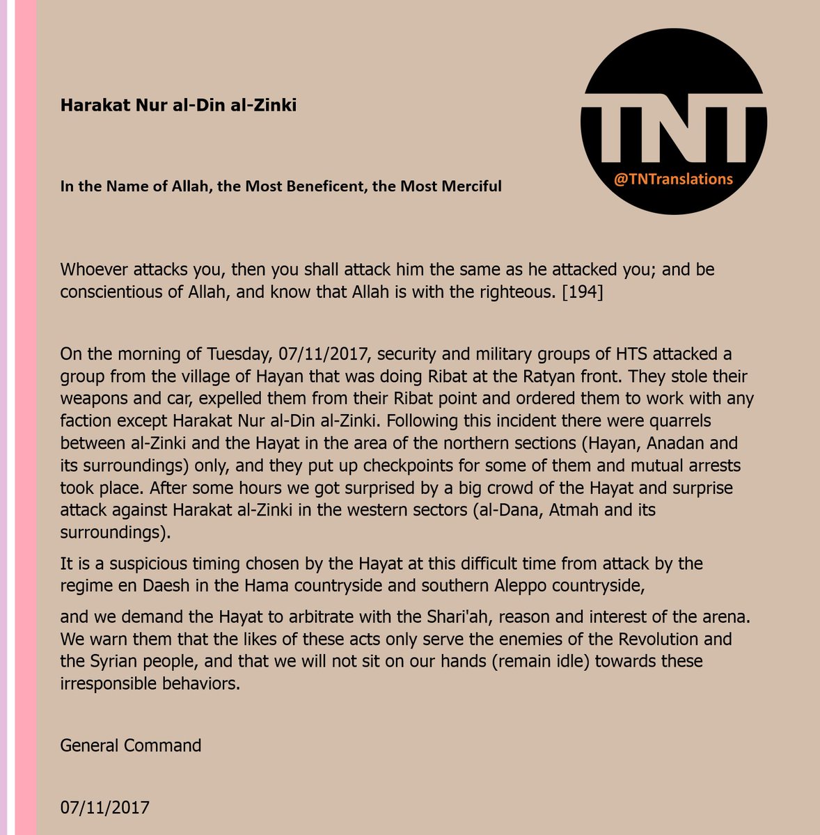 TNTranslations's tweet photo. #HTS attack revolutionaries of #Hayan who where Guarding the Fronts against #SAA in #Ratyan, Hay'at Tahrir al-Sham stole their weapons, car and ordered them not to work with #Zinki anymore. Later Jolani gang started new attacks on #Zinki in #Dana #Atmeh #Taqad #Aleppo
#TNT #Syria https://t.co/QNNviGZM5R