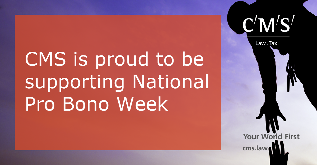 This week we celebrate #ProBonoWeek. Did you know everyone at CMS is encouraged to spend up to 50 hours on pro bono &amp; volunteering work? Find out more here: bit.ly/2zAXvP4