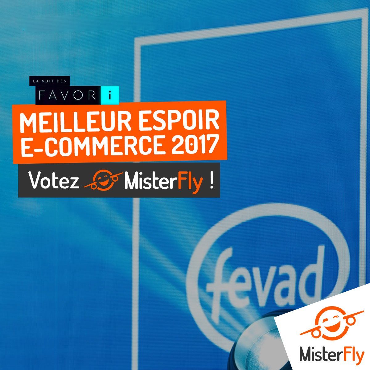 MisterFly_fr's tweet photo. 🏆 MisterFly sacré meilleur espoir du #ecommerce 2017 ? Votez pour nous ! ➡ https://t.co/Ntapqj5NmG 🤞😉 #favori #fevad https://t.co/uZEGazjQrg