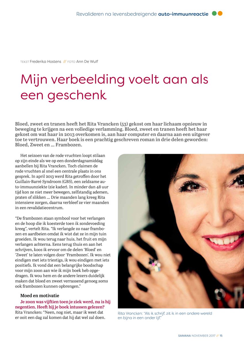 RitaVrancken's tweet photo. Mooi interview in Samana magazine over BUITEN BLIJFT HET ZONDAG. Met dank aan @FHostens en Ann De Wulf. https://t.co/7gSvLZK7JO
