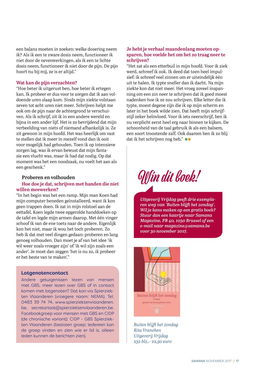 RitaVrancken's tweet photo. Mooi interview in Samana magazine over BUITEN BLIJFT HET ZONDAG. Met dank aan @FHostens en Ann De Wulf. https://t.co/7gSvLZK7JO