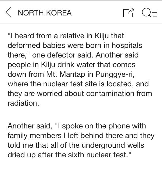 In the meantime, Trump's rhetoric to provoke North Korean regime has contributed to locals being exposed to more radiation - defectors say deformed babies are being born in hospitals. 

english.chosun.com/m/svc/article.…