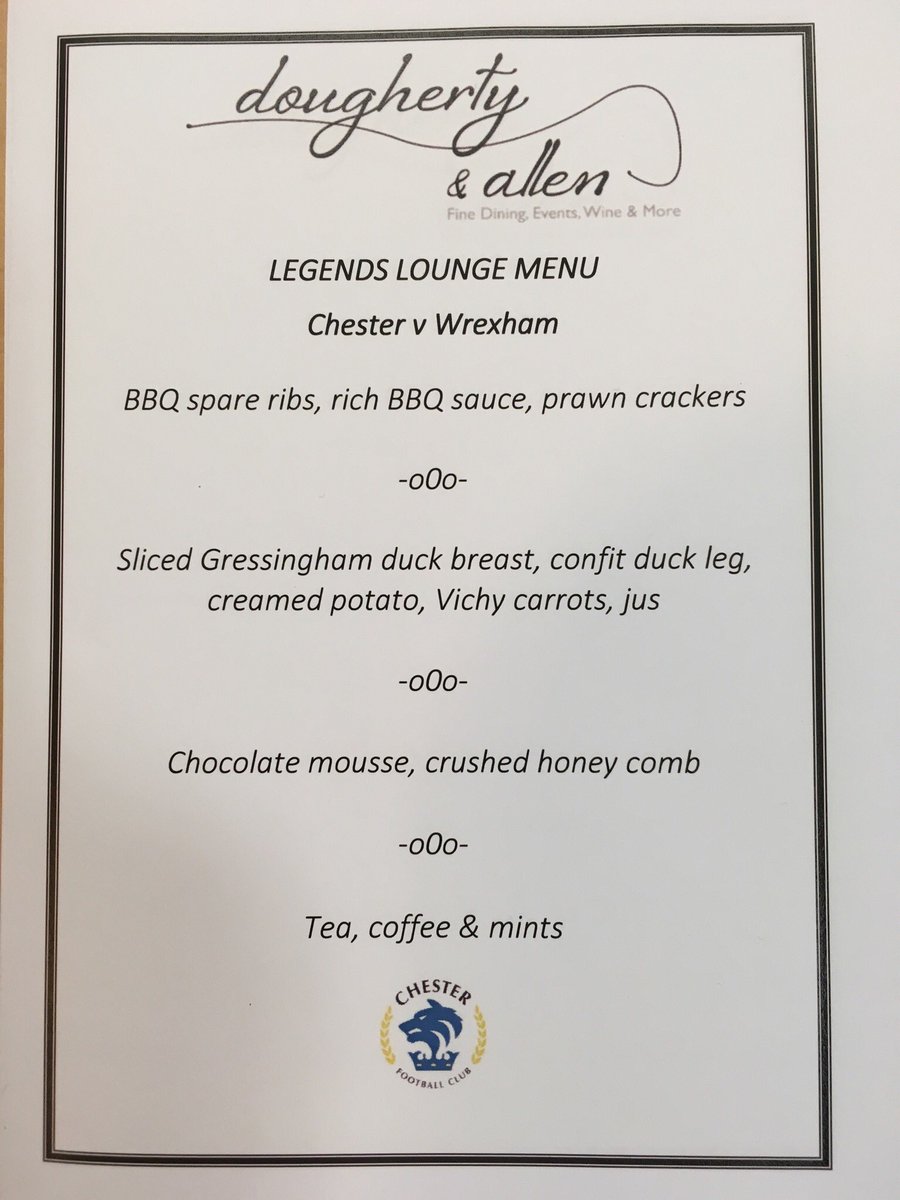 Gerry Cummins (@gerrycummins1) on Twitter photo Looking forward to <a href="/ChesterFC/">Chester FC</a> v Wrexham and the menu from award winning caterer <a href="/DoughertyAllen/">Dougherty & Allen</a> looks great too ⚽️ 🍴👊 #COYB #bluearmy Looking forward to <a href="/ChesterFC/">Chester FC</a> v Wrexham and the menu from award winning caterer <a href="/DoughertyAllen/">Dougherty & Allen</a> looks great too ⚽️ 🍴👊 #COYB #bluearmy