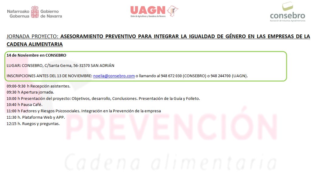 CONSEBRO's tweet photo. El próximo 14 de noviembre en @CONSEBRO jornada proyecto "Asesoramiento preventivo para integrar la igualdad de género en las empresas de la cadena alimentaria" os esperamos! https://t.co/BuBlo6snN5