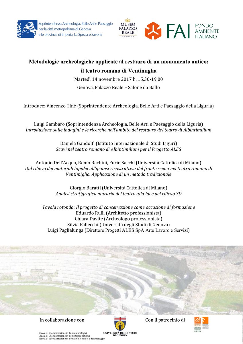 sabaplig's tweet photo. Martedì 14 novembre a @palazzorealege terzo incontro sul restauro "Metodologie archeologiche applicate al restauro di un monumento antico: 
il teatro romano di Ventimiglia" @albintimilium @FBKcom @Fondoambiente @UniGenova @ALES_SpA @IISL https://t.co/NRwt8nSqST