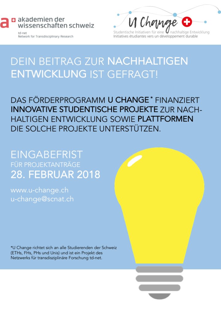 tdnetCH's tweet photo. #UChangeCH: Zweite Ausschreibung läuft ab heute! Deine nachhaltigen Ideen sind gefragt.
Le deuxième appel à projets est lancé! Concrétise tes idées durables. https://t.co/wPd4xZovjU #Sustainability #Transdisciplinarity #Students https://t.co/AuNmPFqfK0