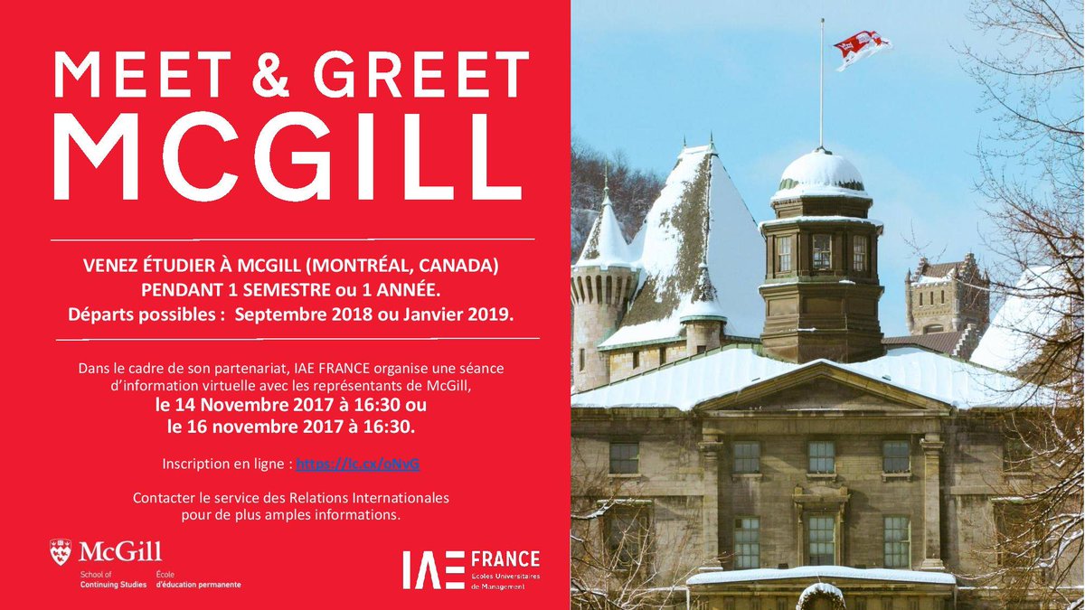 #EtudiantsIAE, vous êtes intéressés par le partenariat avec McGill University ? Participez à la vidéo conférence et posez toutes vos questions le 14 ou le 16 Novembre > docs.google.com/forms/d/e/1FAI… #Canada #Montréal #International