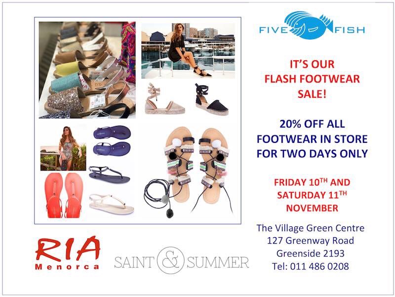 fivefishsa's tweet photo. Beautiful bargain footwear to be found this Friday and Saturday in our Flash Footwear Sale at Five Fish Greenside! #summersandals #fivefish https://t.co/hJkiPY8sPk