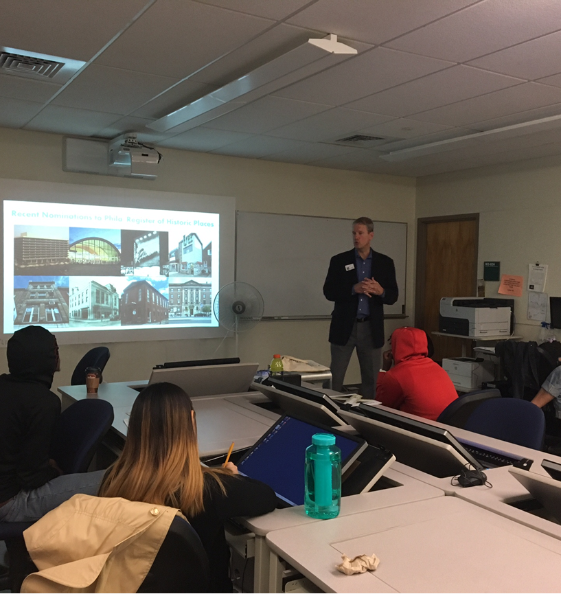 Exec. Director of <a href="/PreservationPHL/">PreservationAlliance</a> @PaulRSteinke guest lectured in our own Tony Bracali's Architecture Design Construction class at <a href="/CCPedu/">Community College of Philadelphia</a>!