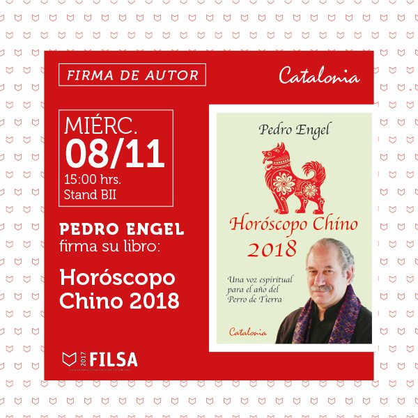 Catalonialibros's tweet photo. ¡Hoy no te pierdas a @pedroengelb en @FILSA_2017! Te esperamos desde las 15:00 hrs con el #Horóscopochino2018 ✨ #StandBII https://t.co/gAtpnNduoQ