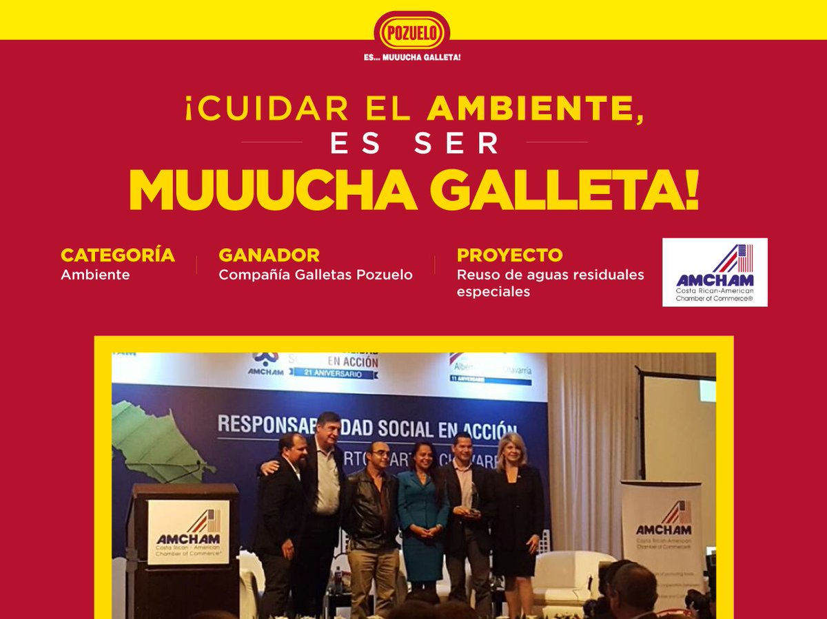 ¡Excelentes noticias! @AmChamcr nos otorgó el premio en la categoría Ambiente con el proyecto: “Reuso de aguas residuales especiales”. 👏🏼Compañía de Galletas Pozuelo está comprometida con la mejora continua y en seguir promoviendo iniciativas para reducir su impacto ambiental.