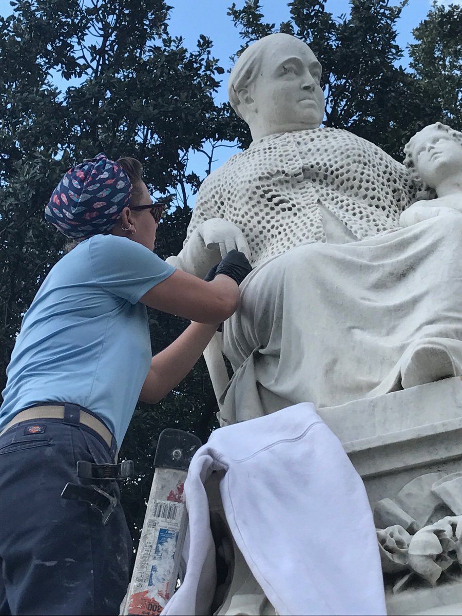monumentaltask's tweet photo. Margaret got her finger back! This past Sunday professional preservationist Emily Ford reattached two fingers on the Margaret Haughery statue #supportpreservation #mtc #nolapreservation https://t.co/vuYPPSRHJW