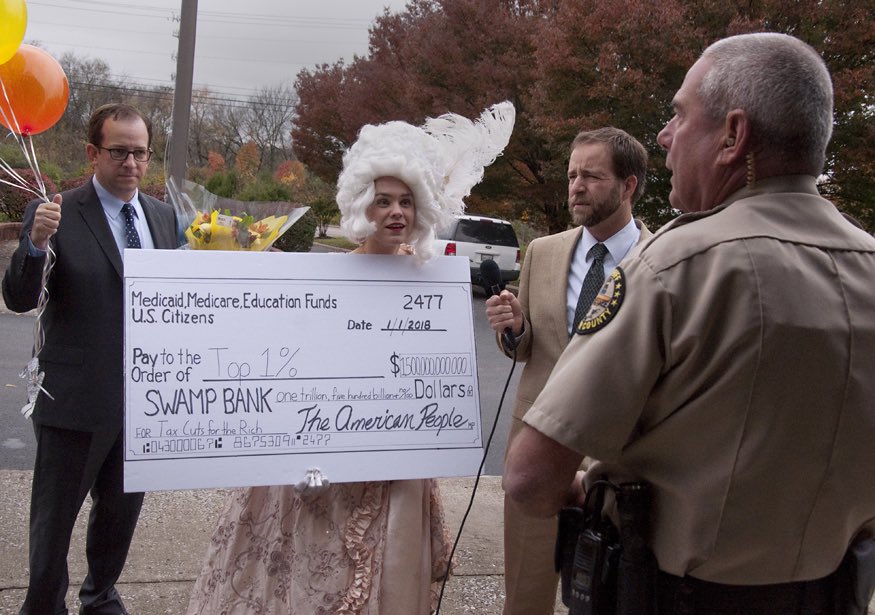 indivisumner's tweet photo. Yesterday we brought flowers, balloons, donuts and a huge check to give @RepDianeBlack her #BigPayout for the #TrumpTaxScam. We were met by a sheriffs deputy and not allowed in a public building. @IndivisibleTeam @NC5 @GallatinNews @hvillenews @WSMV @NashvilleScene https://t.co/OkqFz4rASn