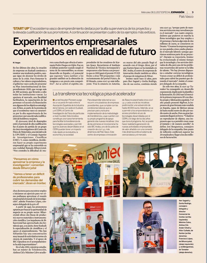 🔝 Bonito reportaje de <a href="/MarietaVargas/">Marieta Vargas</a> en <a href="/expansioncom/">expansioncom</a> sobre el emprendimiento vasco con <a href="/kartenspace/">Karten Space</a> e #ineustarpioneersBasqueCountry 😊