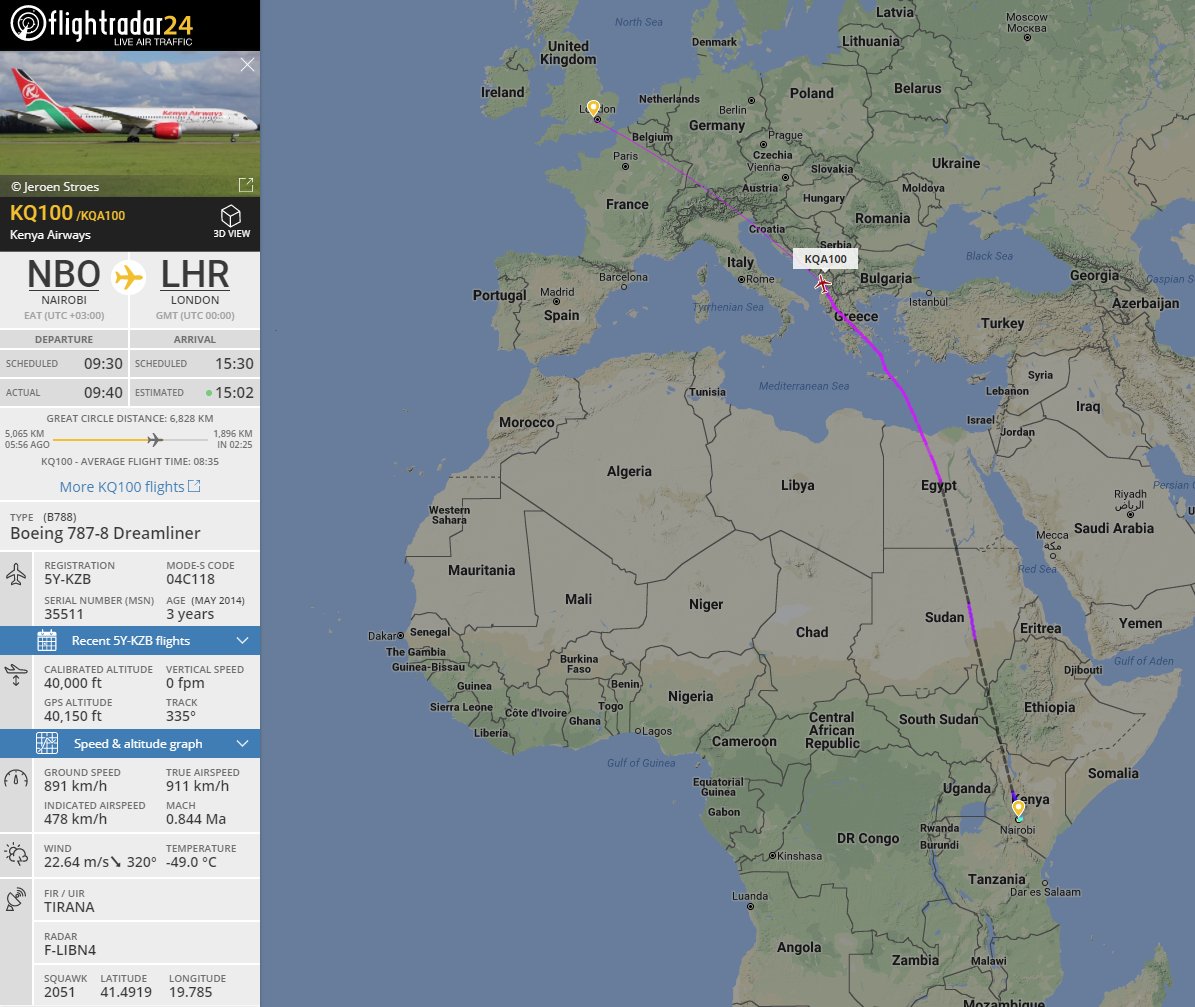 flightradar24's tweet image. More than 22,000 users are currently tracking flight #KQ100 en route to London.

According to media #PritiPatel is on board this flight.

flightradar24.com/KQA100/f76cdcf