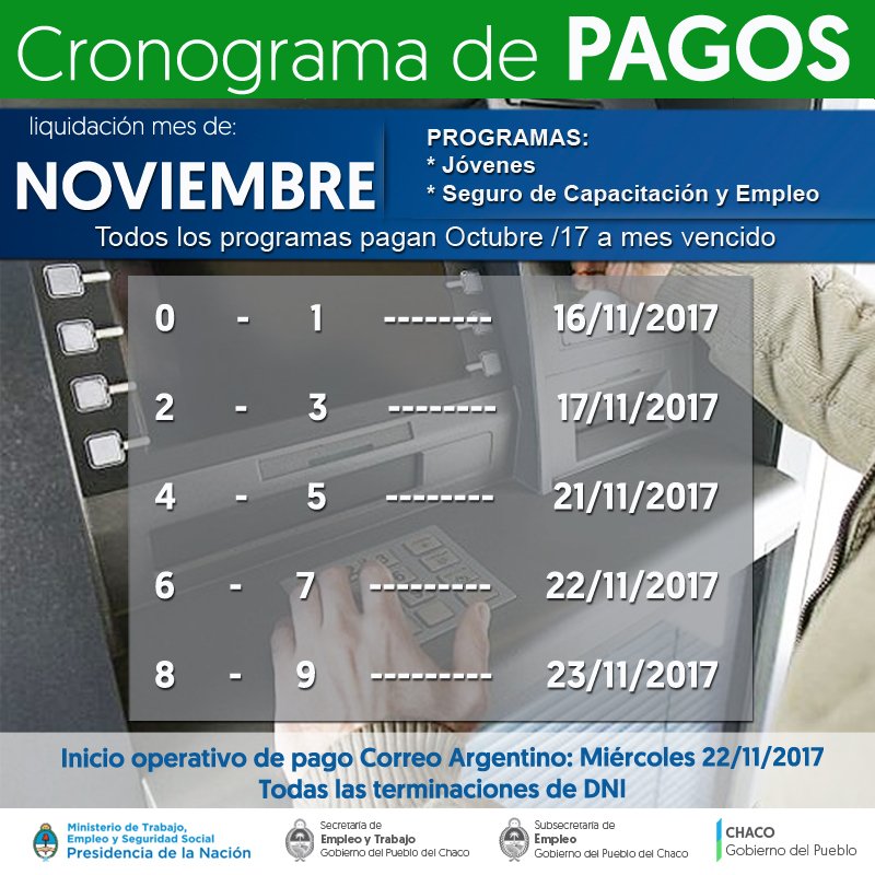 ‼️ATENCIÓN ‼️CRONOGRAMA DE PAGOS del Ministerio de Trabajo, Empleo y Seguridad Social de la Nación ➡️ Inicio del operativo de pago: jueves 16/11/2017