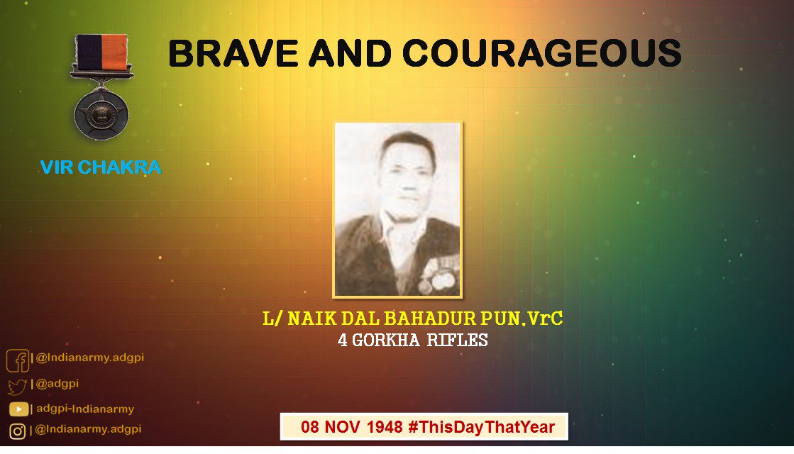 adgpi's tweet image. लांस नायक दल बहादुर पुन ने अपने जान की परवाह न करते हुए,अदम्य साहस का परिचय देते हुए अपनी खुकरी से दुश्मन को मार गिराया। पुरस्कृत वीर चक्र