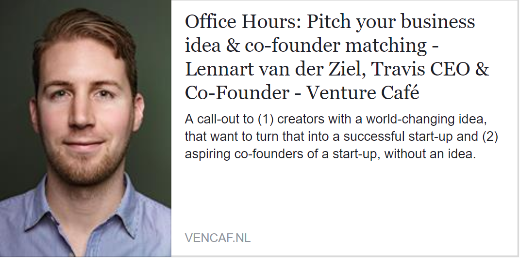 nicknmyap's tweet photo. One 30-min spot left, book yours now, free
This Thursday, 1-on-1 with @lennartvdz on launching your business idea with fast validation, or joining one.
@VentureCafeRdam
https://t.co/Zik8kmT6Ci
#startup #crowdfunding #VCRlove #socent https://t.co/t9oXukKRav