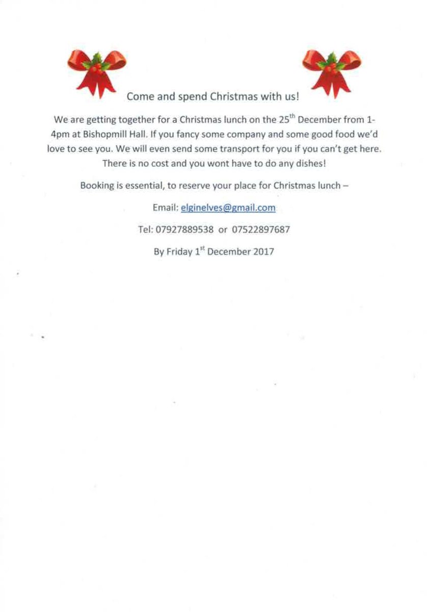 MorayFoodPlus's tweet image. Delighted to have been chosen by Santa's Elgin Elves to promote their no cost Christmas Lunch. Anyone who might otherwise be on their own on Christmas Day but would like some company, please get in touch to book. .