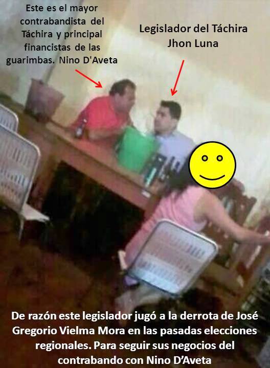 ¡SE CAEN LAS CARETAS! Leg. Jhon Luna reunido con el capo del contrabando y financista de guarimba en #Tachira Nino D'Aveta. DE RAZÓN LE JUGÓ EN CONTRA A <a href="/VielmaEsTachira/">JGVM</a> pues sabia que ganando se le acabaría su negocio personal con este señor. ¡EL PUEBLO PASARÁ FACTURA DIPUTADO!