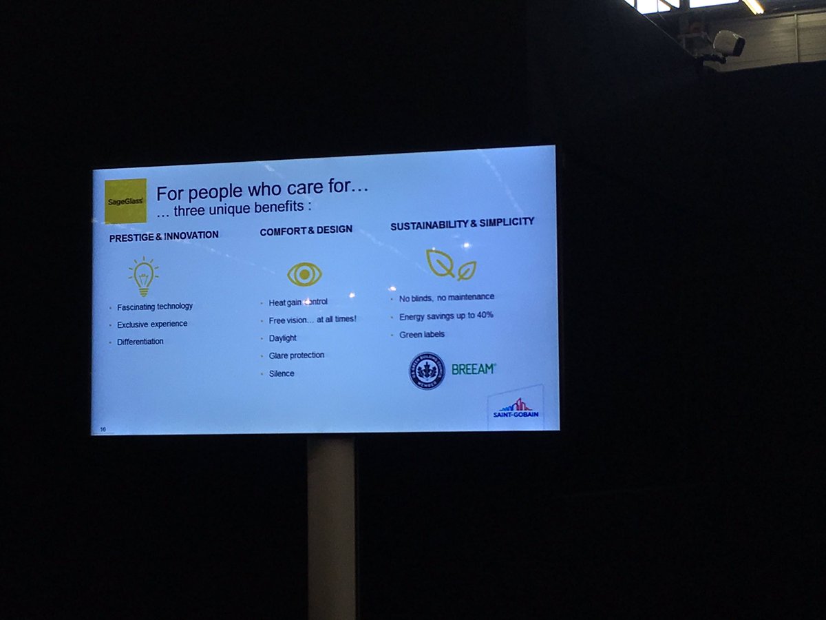 Helene_Lohr's tweet photo. #comfort &amp; #sustainability, #innovation: 3 themes at the heart of @saintgobain brand promise, wonderfully embodied by @Sage_Glass #Batimat https://t.co/bhSLqyFvsD