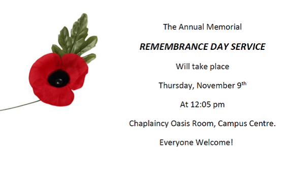 Thurs, Nov 9th 12:05pm Chaplaincy Oasis Room