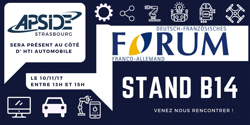 Apside_Stras's tweet photo. L'agence Apside #Strasbourg souhaite la bienvenue à @HtiAutomobile sur le #forumfrancoallemand le 10 et 11 novembre 2017 😀 
#recrutement #IT #emploi #digital #numérique #ESN https://t.co/aYjbUn7i3v