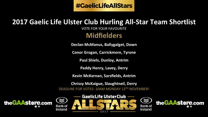 Gaelic_Life's tweet photo. Vote for your fav #GaelicLifeAllStars Ulster Club Hurling MIDFIELDER @thegaastore @UlsterGAA  @bankofireland @BallygalgetGAC @EireOg @DunloyGAC  @laveygac  @Paddies1906 @GACSlaughtneil @OfficialDownGAA @TyroneGAALive  @AontroimGAA  @Doiregaa https://t.co/dtr7VBgJDw https://t.co/lwjtNfTe7v