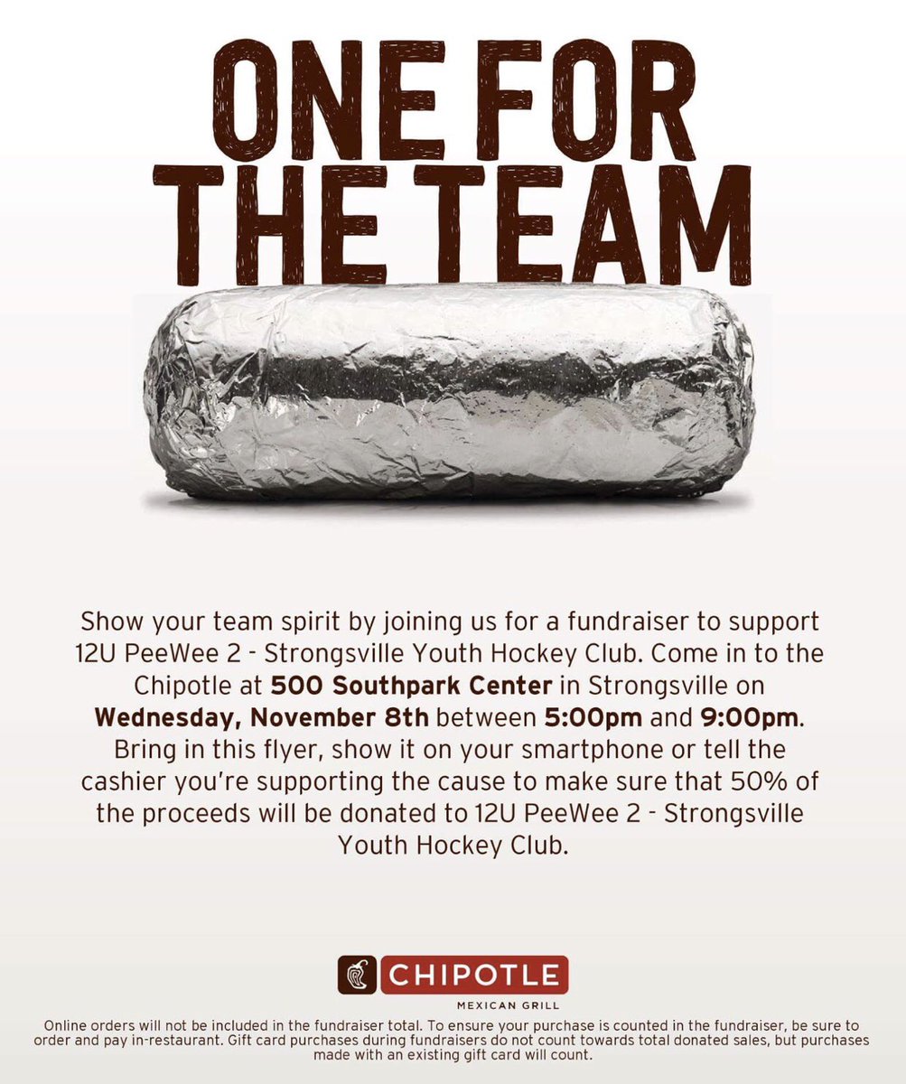 Support the Strongsville Youth Hockey Club this evening (5-9 pm) at Chipotle in Strongsville!