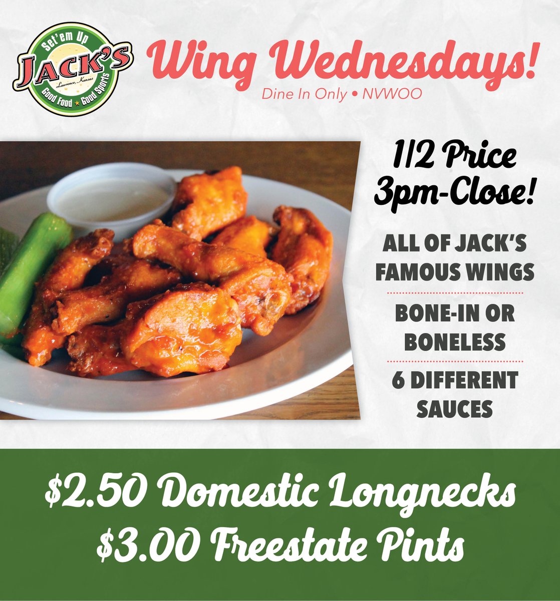 SetEmUpJacks's tweet image. Half price WINGS start at 3pm today! Freestate Pints just $3 Kids eat free all day with a full priced adult meal. Let us cook tonight! #headeast